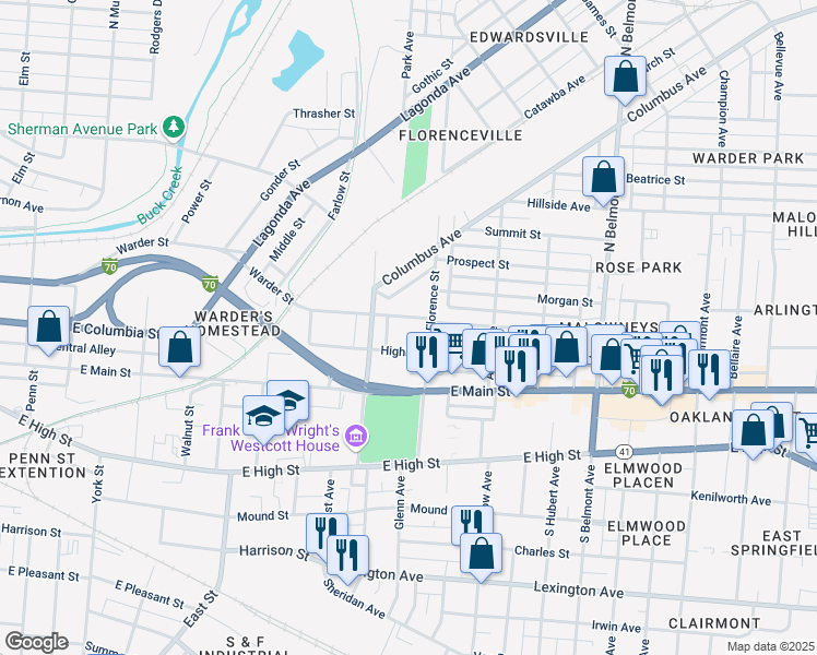 map of restaurants, bars, coffee shops, grocery stores, and more near 1419 Warder St in Springfield
