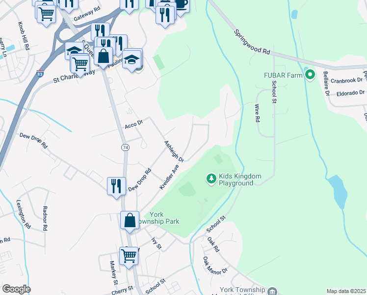 map of restaurants, bars, coffee shops, grocery stores, and more near 217 Kreidler Avenue in York