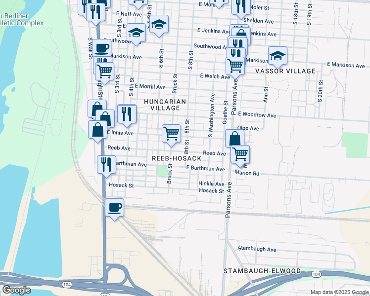 map of restaurants, bars, coffee shops, grocery stores, and more near 234 Reeb Avenue in Columbus