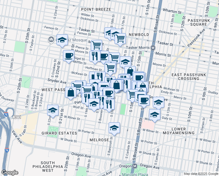 map of restaurants, bars, coffee shops, grocery stores, and more near 2038 South Bouvier Street in Philadelphia