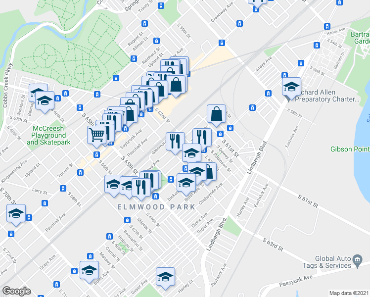 map of restaurants, bars, coffee shops, grocery stores, and more near 6218 Wheeler Street in Philadelphia