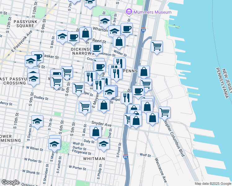 map of restaurants, bars, coffee shops, grocery stores, and more near 156 Moore St in Philadelphia