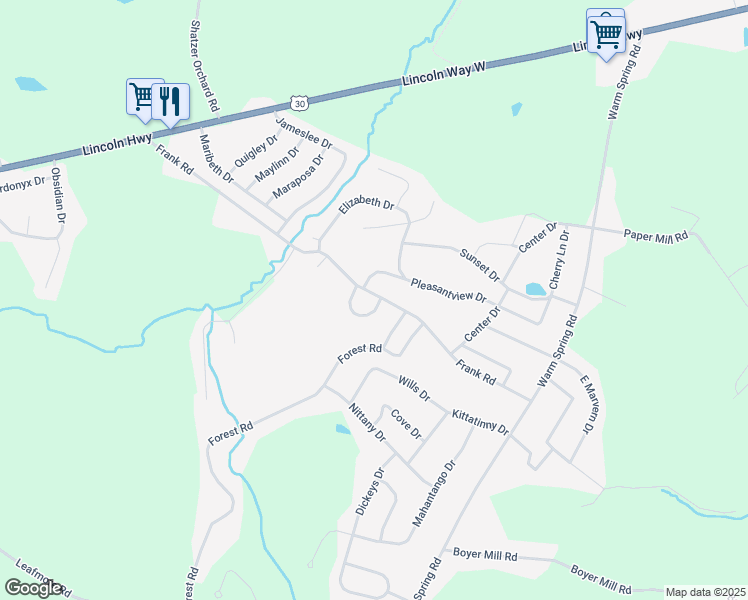map of restaurants, bars, coffee shops, grocery stores, and more near 1545 Frank Road in Chambersburg