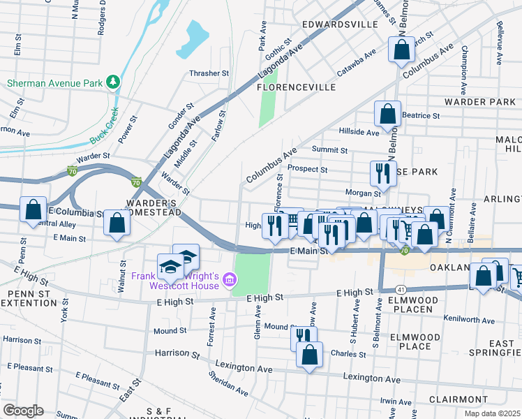 map of restaurants, bars, coffee shops, grocery stores, and more near 1419 Warder Street in Springfield