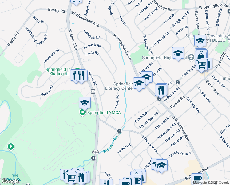 map of restaurants, bars, coffee shops, grocery stores, and more near 258 Lewis Road in Springfield