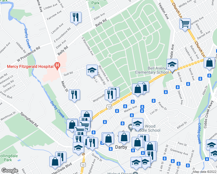 map of restaurants, bars, coffee shops, grocery stores, and more near 1223 Edgehill Road in Darby