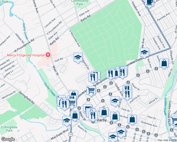 map of restaurants, bars, coffee shops, grocery stores, and more near 1233 Edgehill Road in Darby