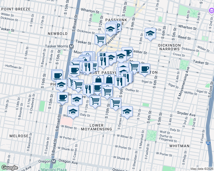 map of restaurants, bars, coffee shops, grocery stores, and more near 1918 South Warnock Street in Philadelphia