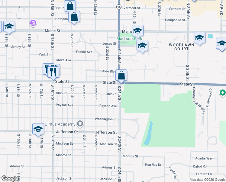 map of restaurants, bars, coffee shops, grocery stores, and more near 2317 Ohio Street in Quincy
