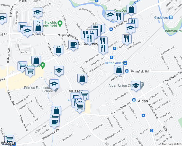 map of restaurants, bars, coffee shops, grocery stores, and more near 136 West Madison Avenue in Clifton Heights