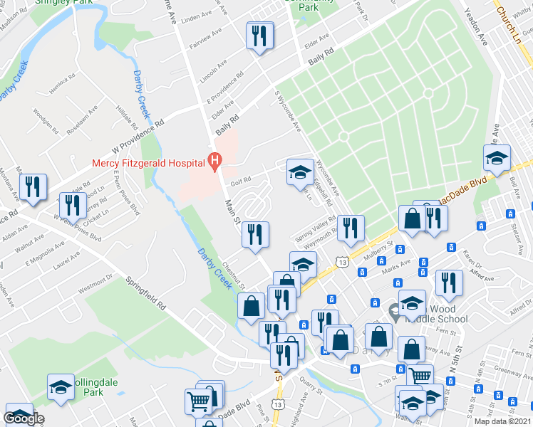 map of restaurants, bars, coffee shops, grocery stores, and more near 48 Mermont Circle in Darby