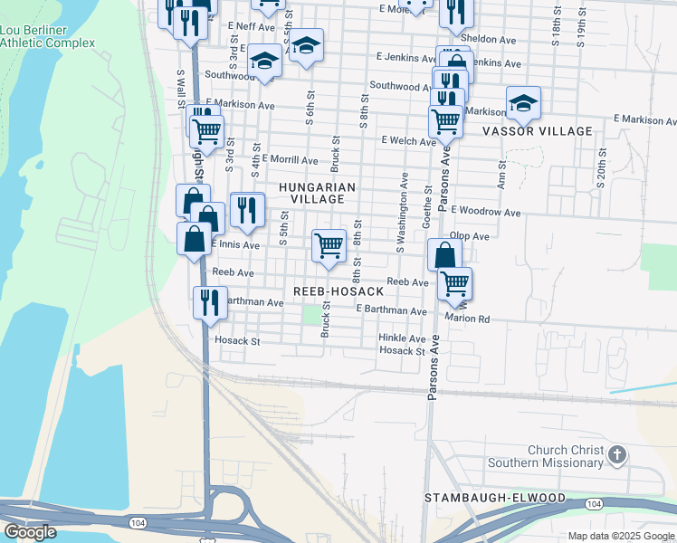 map of restaurants, bars, coffee shops, grocery stores, and more near 234 Reeb Avenue in Columbus