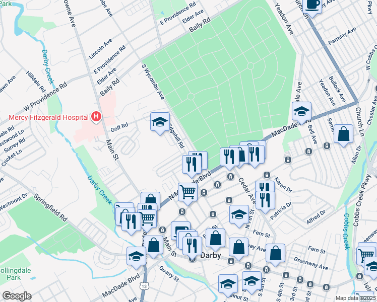 map of restaurants, bars, coffee shops, grocery stores, and more near 1223 Edgehill Road in Darby