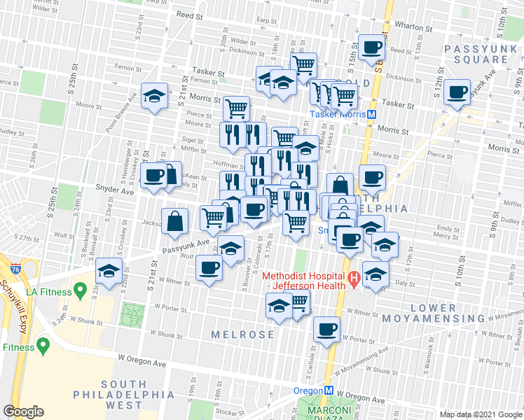 map of restaurants, bars, coffee shops, grocery stores, and more near 1719 Snyder Avenue in Philadelphia