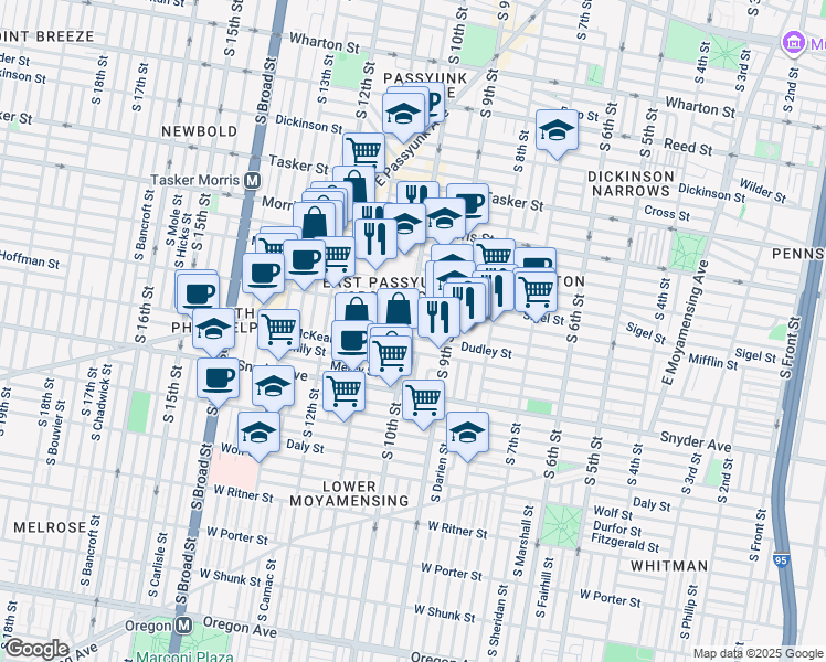 map of restaurants, bars, coffee shops, grocery stores, and more near 1921 South 10th Street in Philadelphia