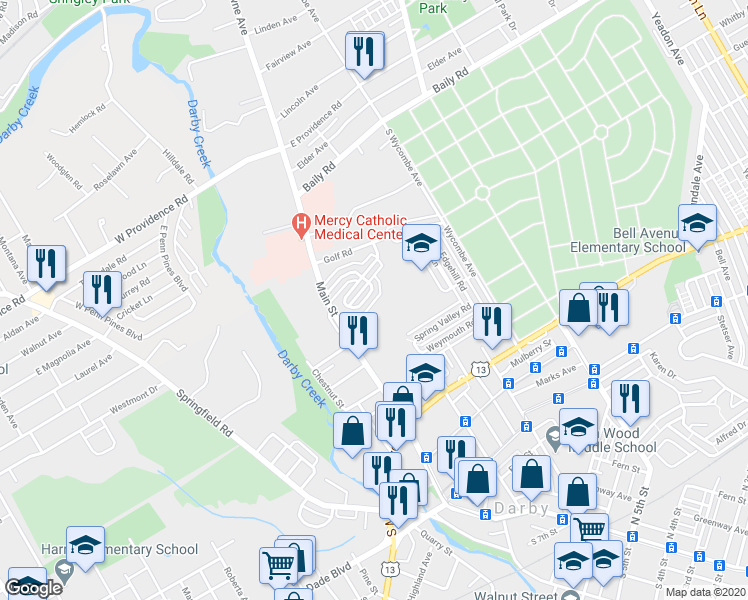 map of restaurants, bars, coffee shops, grocery stores, and more near 48 Mermont Circle in Darby