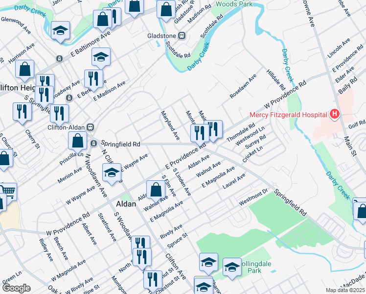 map of restaurants, bars, coffee shops, grocery stores, and more near 338 Springfield Road in Aldan