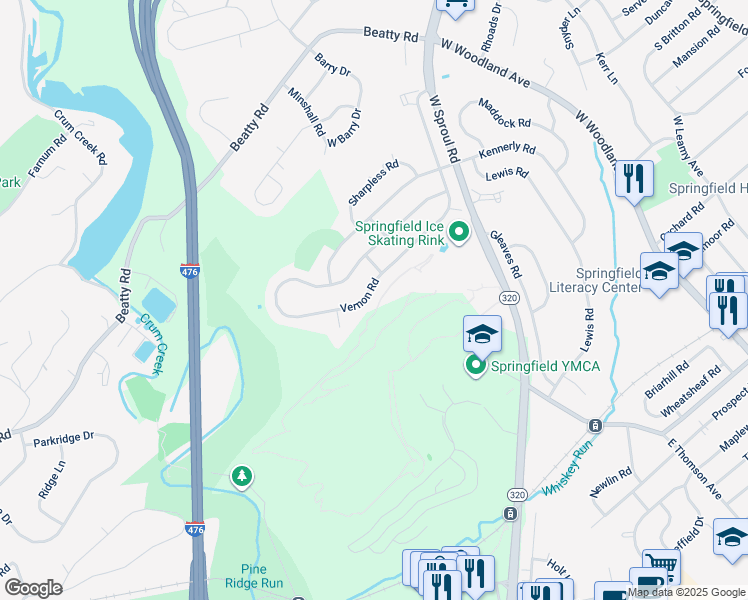map of restaurants, bars, coffee shops, grocery stores, and more near 616 Vernon Road in Springfield