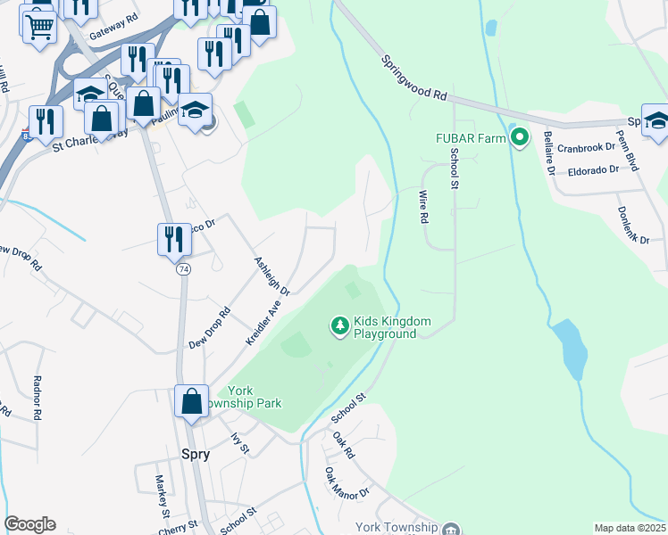map of restaurants, bars, coffee shops, grocery stores, and more near 2350 Ashleigh Drive in York