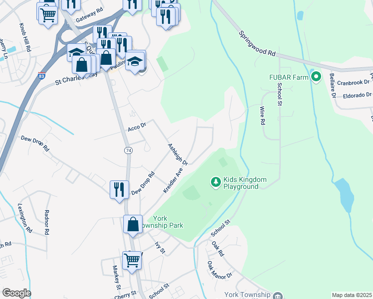 map of restaurants, bars, coffee shops, grocery stores, and more near 217 Kreidler Avenue in York
