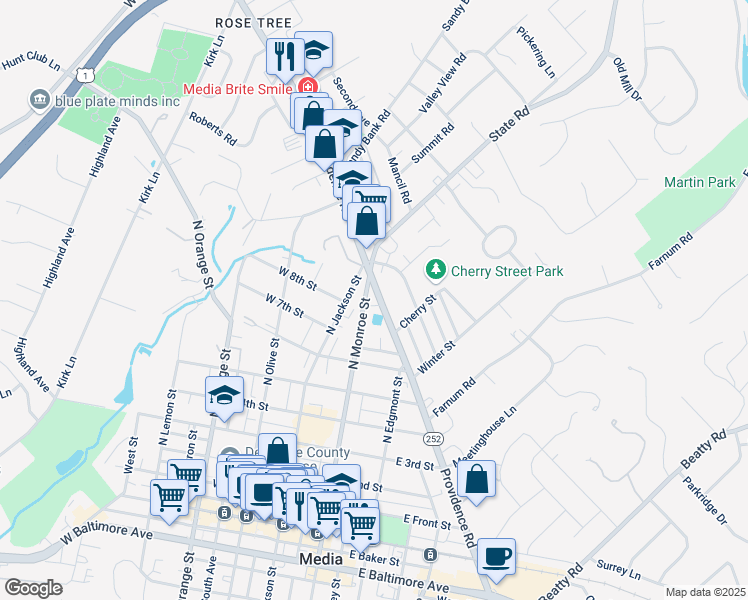 map of restaurants, bars, coffee shops, grocery stores, and more near 755 North Monroe Street in Media