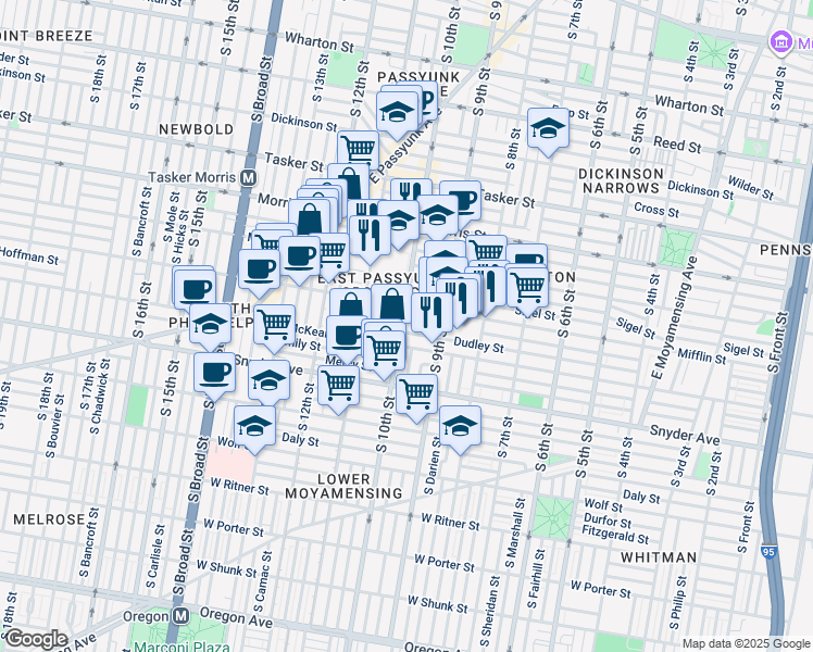 map of restaurants, bars, coffee shops, grocery stores, and more near 1921 South 10th Street in Philadelphia