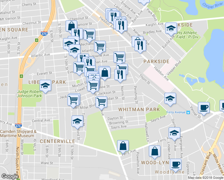 map of restaurants, bars, coffee shops, grocery stores, and more near 1239 Jackson Street in Camden