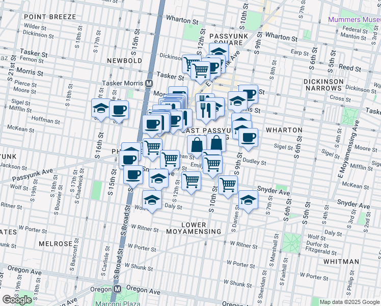 map of restaurants, bars, coffee shops, grocery stores, and more near 1937 South Sartain Street in Philadelphia