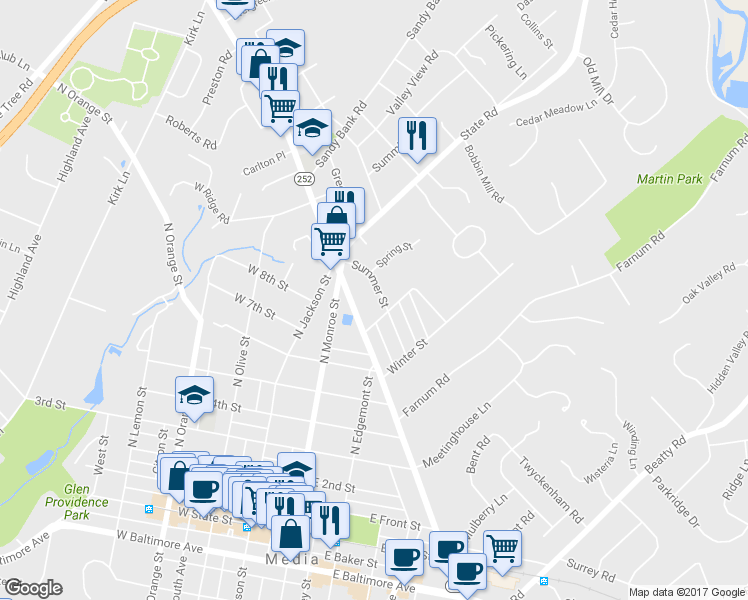 map of restaurants, bars, coffee shops, grocery stores, and more near 704 Summer Street in Media