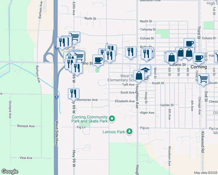 map of restaurants, bars, coffee shops, grocery stores, and more near 1958 Taft Avenue in Corning