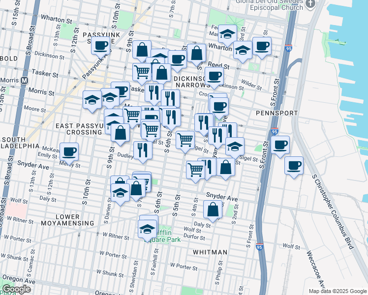 map of restaurants, bars, coffee shops, grocery stores, and more near 1820 South 5th Street in Philadelphia