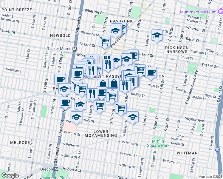 map of restaurants, bars, coffee shops, grocery stores, and more near 1918 South Warnock Street in Philadelphia