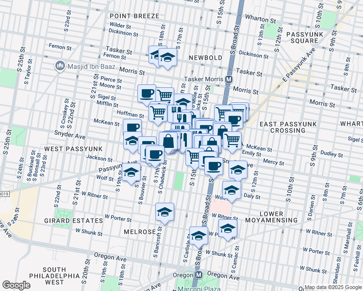 map of restaurants, bars, coffee shops, grocery stores, and more near in Philadelphia