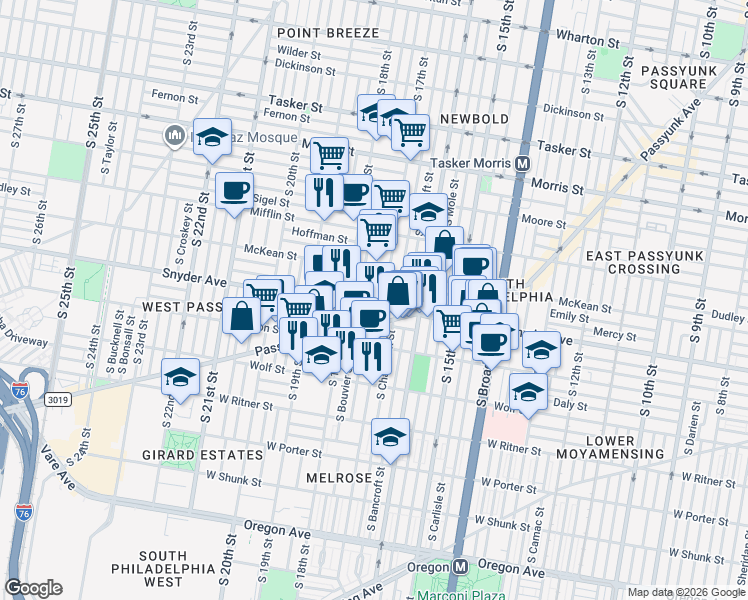 map of restaurants, bars, coffee shops, grocery stores, and more near 2038 South Bouvier Street in Philadelphia