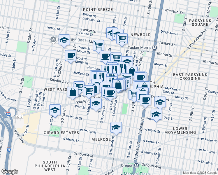 map of restaurants, bars, coffee shops, grocery stores, and more near 1719 Snyder Avenue in Philadelphia