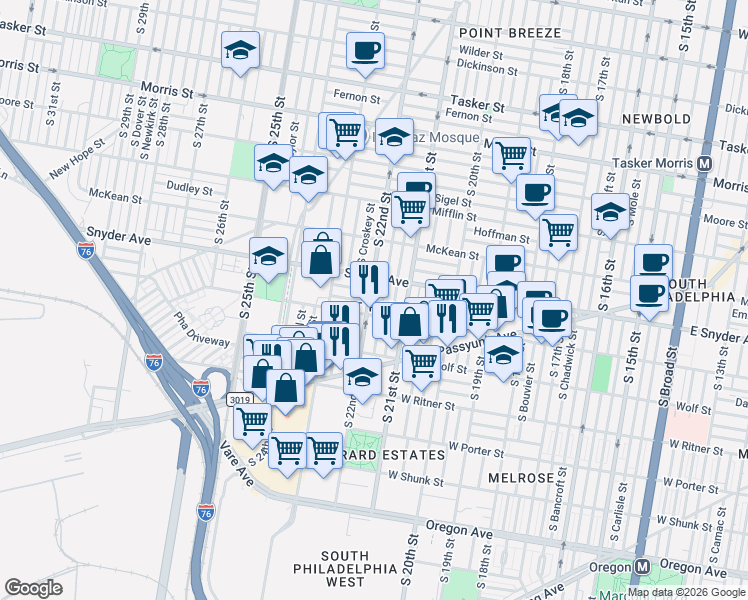 map of restaurants, bars, coffee shops, grocery stores, and more near in Philadelphia