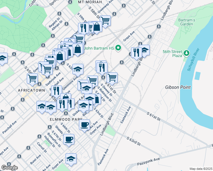map of restaurants, bars, coffee shops, grocery stores, and more near 6053 Elmwood Avenue in Philadelphia