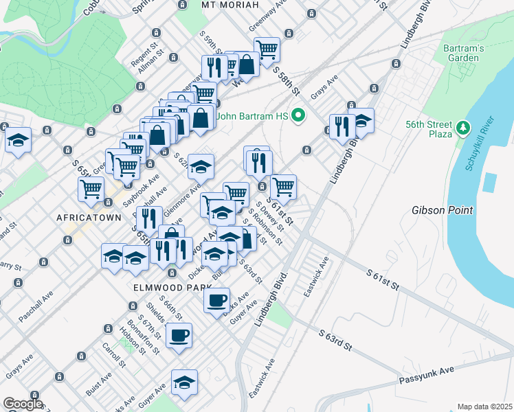 map of restaurants, bars, coffee shops, grocery stores, and more near 6053 Elmwood Avenue in Philadelphia