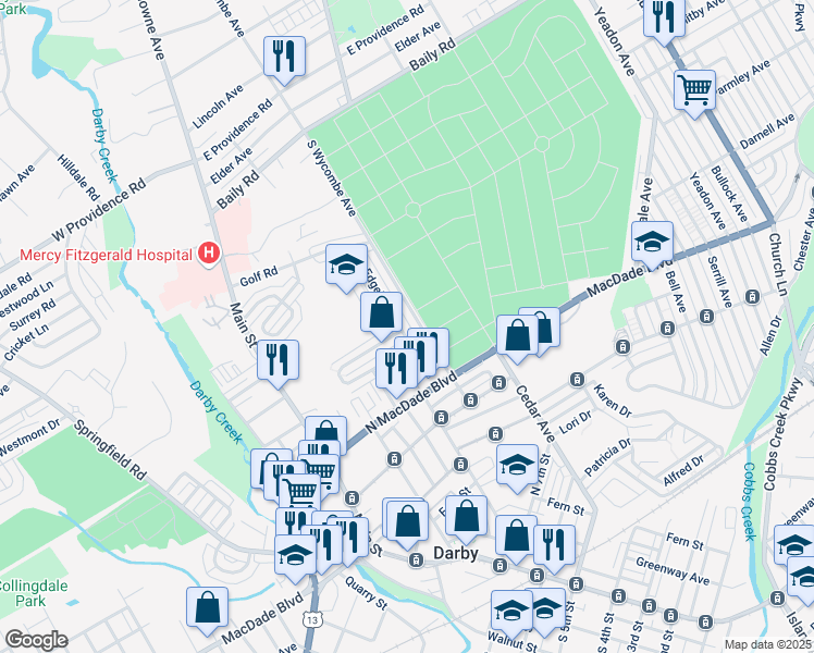 map of restaurants, bars, coffee shops, grocery stores, and more near 1233 Edgehill Road in Darby
