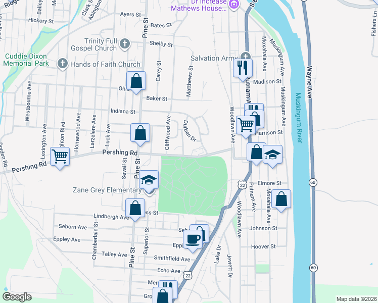 map of restaurants, bars, coffee shops, grocery stores, and more near 831 Matthews Street in Zanesville