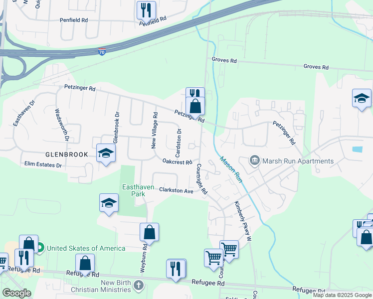 map of restaurants, bars, coffee shops, grocery stores, and more near 2282 Cardston Drive in Columbus