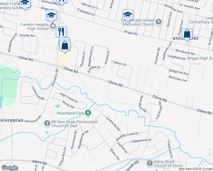 map of restaurants, bars, coffee shops, grocery stores, and more near 3277 Clime Road in Columbus