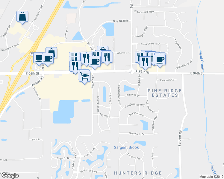 map of restaurants, bars, coffee shops, grocery stores, and more near 9440 Haddington Drive West in Indianapolis