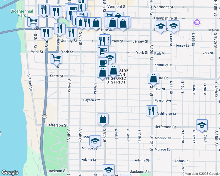 map of restaurants, bars, coffee shops, grocery stores, and more near 817 Ohio Street in Quincy
