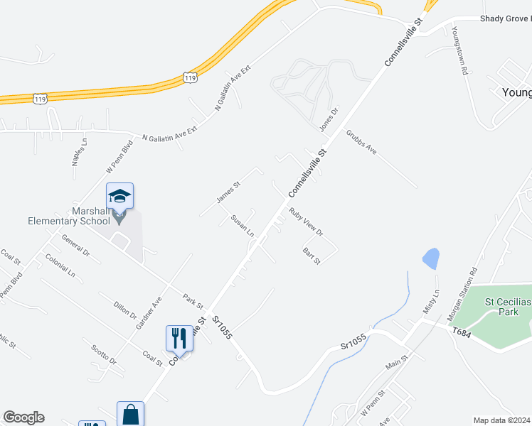 map of restaurants, bars, coffee shops, grocery stores, and more near 1399 Connellsville Street in Lemont Furnace