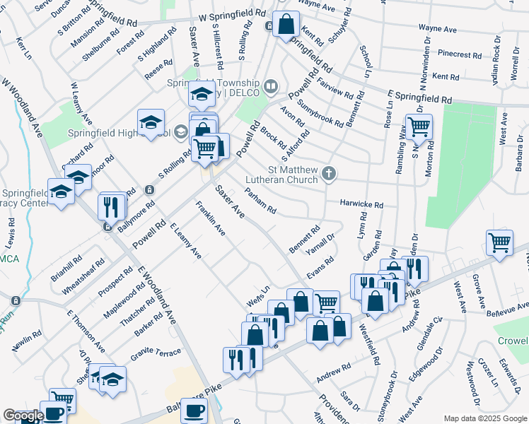 map of restaurants, bars, coffee shops, grocery stores, and more near 308 Parham Road in Springfield