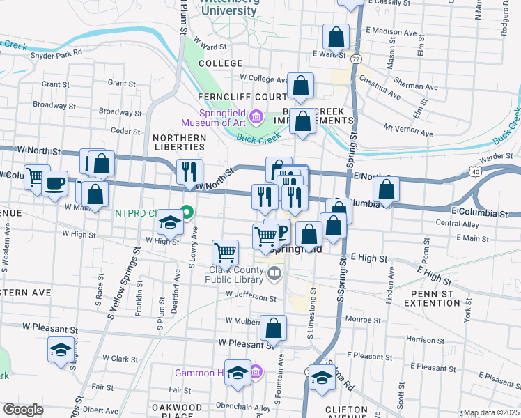map of restaurants, bars, coffee shops, grocery stores, and more near 100 West Main Street in Springfield