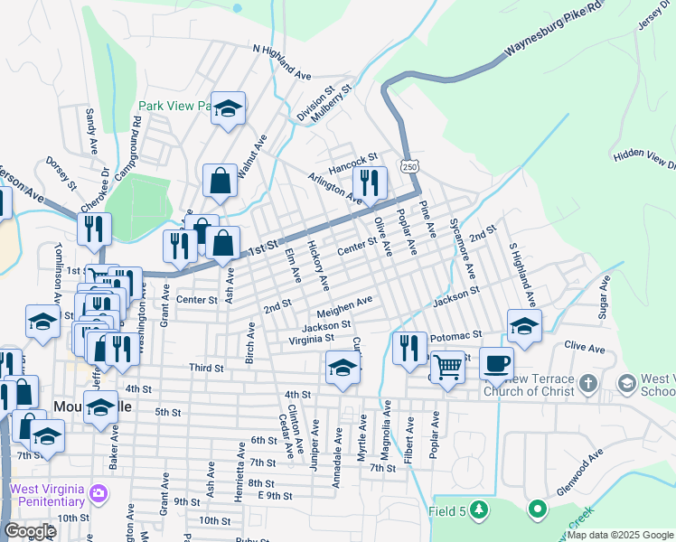 map of restaurants, bars, coffee shops, grocery stores, and more near 113 Maple Avenue in Moundsville