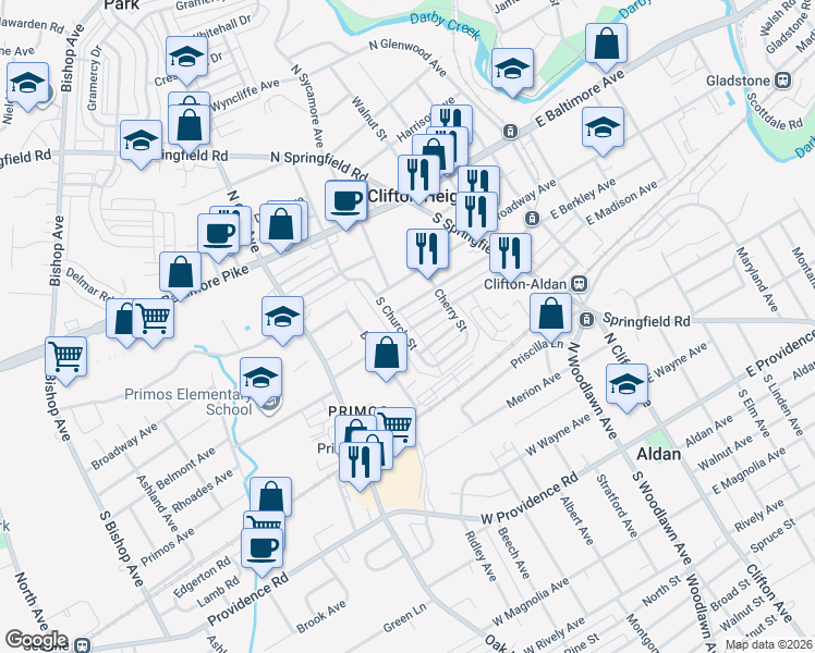 map of restaurants, bars, coffee shops, grocery stores, and more near 149 West Madison Avenue in Clifton Heights