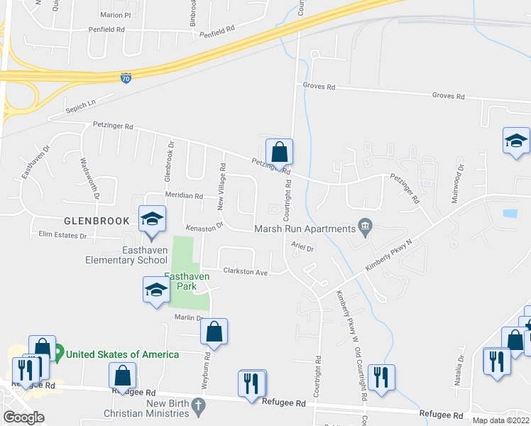 map of restaurants, bars, coffee shops, grocery stores, and more near 3475 Courtright Lane in Columbus